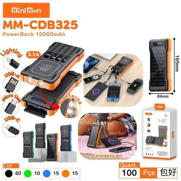 Carregador Portatil Solar 10000mah Leon MM-CDB325 C/lanterna e cabos