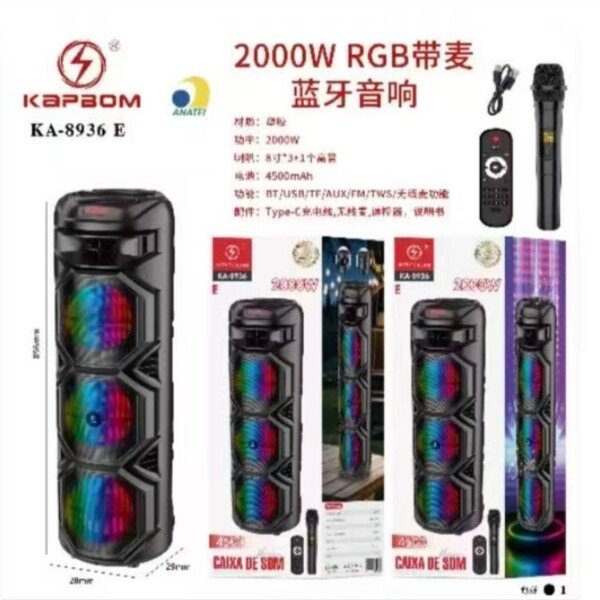 Caixa de Som c/ microfones BT/UBS/FM/AUX 2000w Kapbom KA-8936