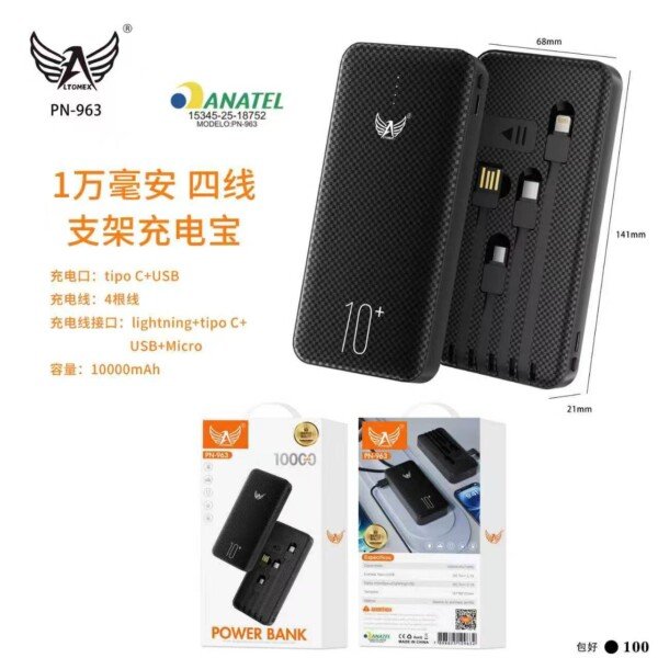 Carregador Portatil Altomex 10000mah PN-963 C/cabos v8 iphone e tipo c