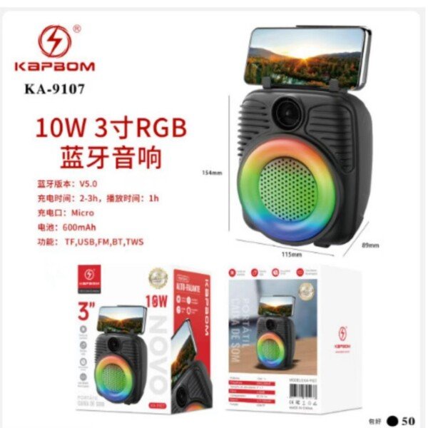 Caixa De Som Bluetooth RGB 10w Kapbom KA-9107