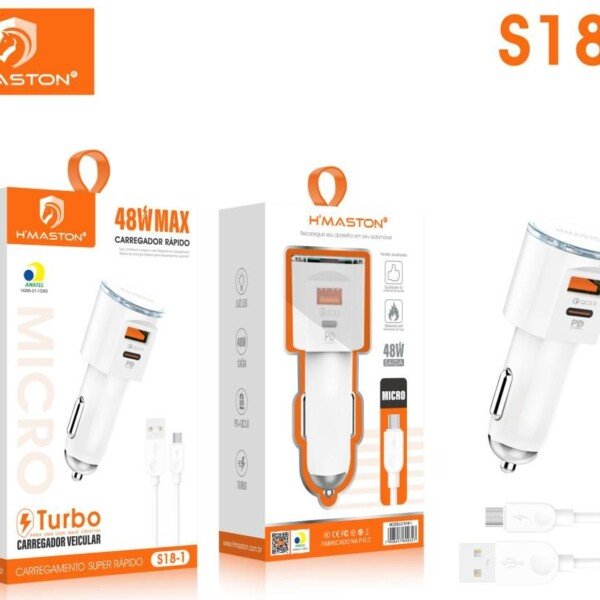 Carregador Veicular V8 Turbo H’Maston S18-1 Entrada Usb+Tipo c 48w