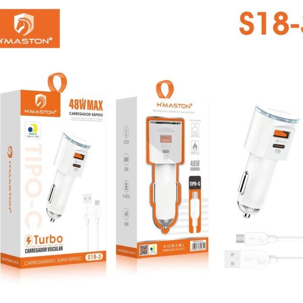 Carregador Veicular Tipo-c Turbo H’Maston S18-3 Entrada Usb+Tipo c 48w