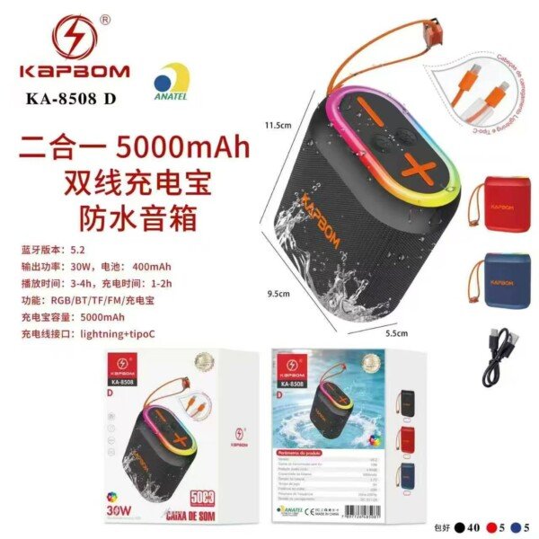 Caixa de Som Bluetooth power bank de 5000mah a prova d’agua Kapbom KA-8508 D