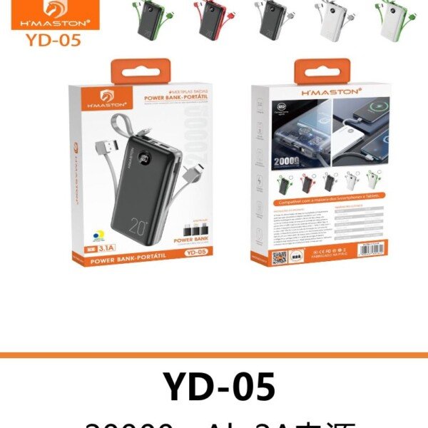 Carregador Power Bank H’maston YD-05 20000mah Portatil Com Cabo Iphone /V8 /Type C/Usb