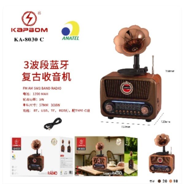 Radio Retro Bluetooth De 3 Faixas Kapbom KA-8030 C