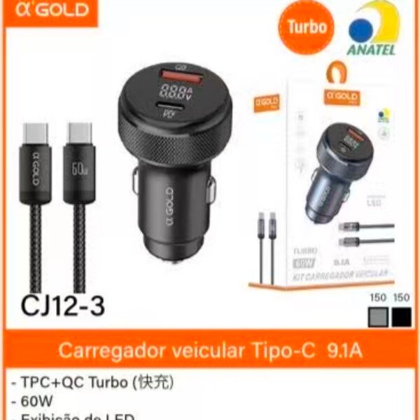 Fonte Veicular Turbo A'Gold 9,1A CJ12-3 Tipo C +Usb 60w Para Type C