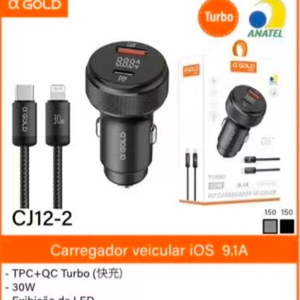 Fonte Veicular Turbo A'Gold 9,1A CJ12-2 Tipo C +Usb 60w Para Iphone Ios
